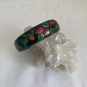 Folk Art Style Black Laquer Painted Floral Motif Wooden Bangle Bracelet